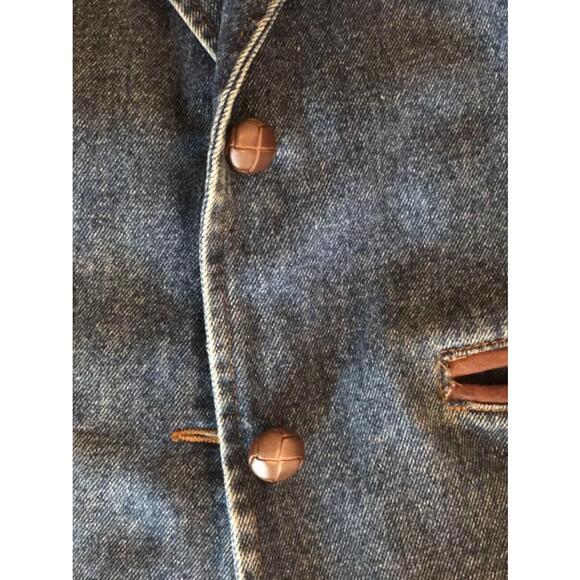 Jl Colebrook VTG 90’s Boxy Denim Blazer 2 Button Leather Detailing Pockets SM - Picture 3 of 12